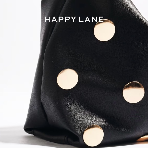 NWT Black Studded Hobo Bag Gold Hardware Shoulder Bag Happy Lane - Picture 8 of 13